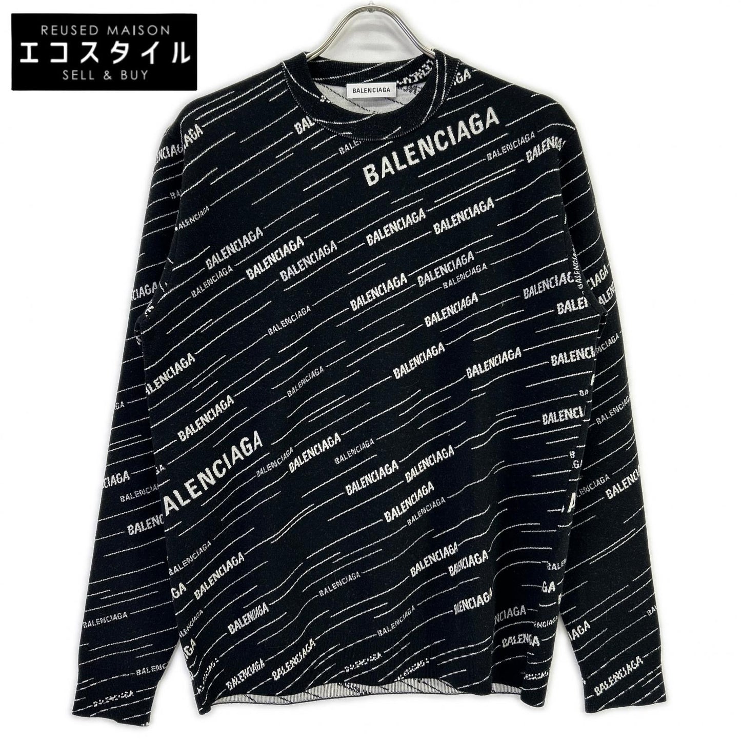 BALENCIAGA 559078 T1524 Black Logo Knit Pullover Top