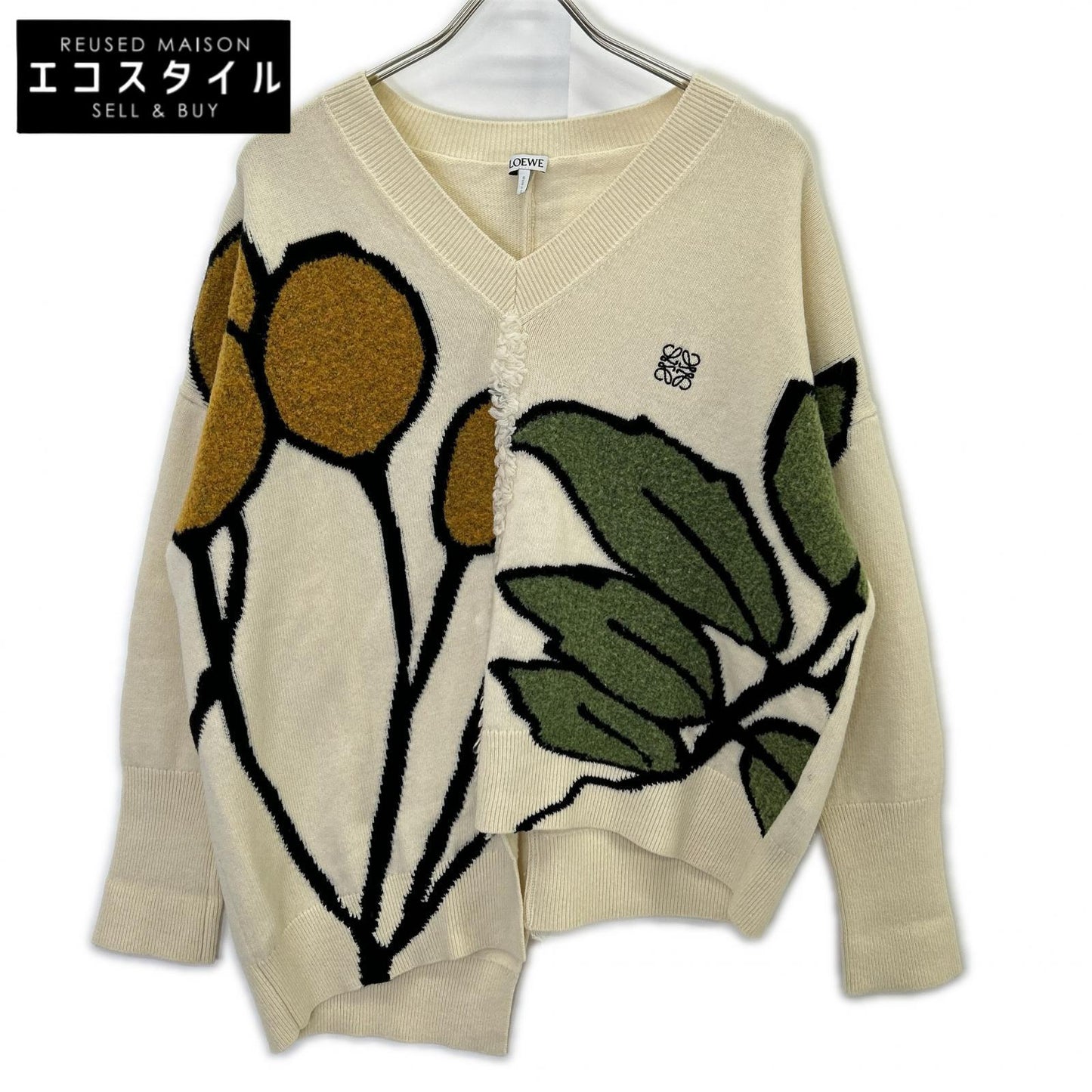 LOEWE Loewe 1723311 Ivory Loewe Herbarium Anagram V-Neck Asymmetrical Knit