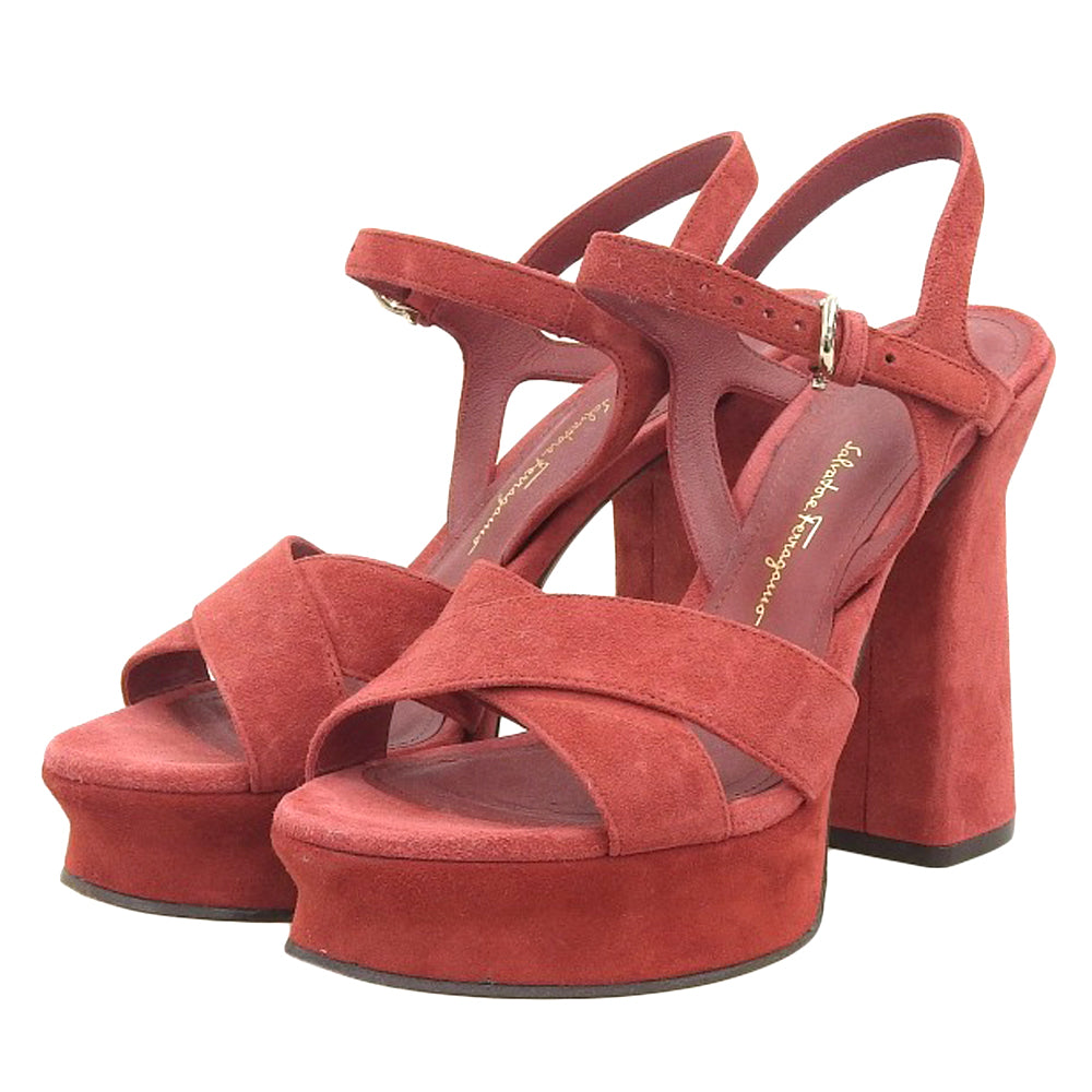 Salvatore Ferragamo サルヴァトーレフェラガモ 美品 SONYA レッド スエードカーフ チャンキーヒール サンダル シューズ レディース 5 1/2 シューズ