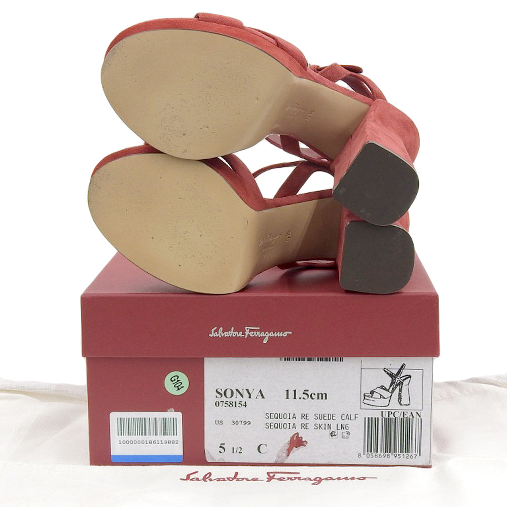 Salvatore Ferragamo サルヴァトーレフェラガモ 美品 SONYA レッド スエードカーフ チャンキーヒール サンダル シューズ レディース 5 1/2 シューズ