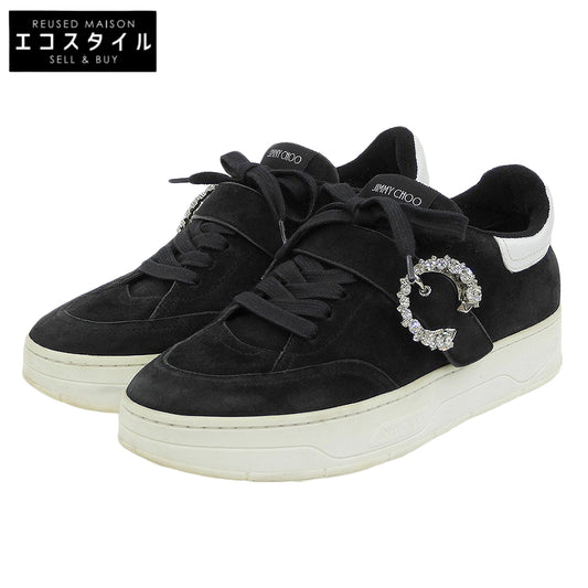 JIMMY CHOO ジミーチュウ OSAKA LACE UP XYT ビジューバックル スエードレザー スニーカー シューズ メンズ ブラック 39 シューズ