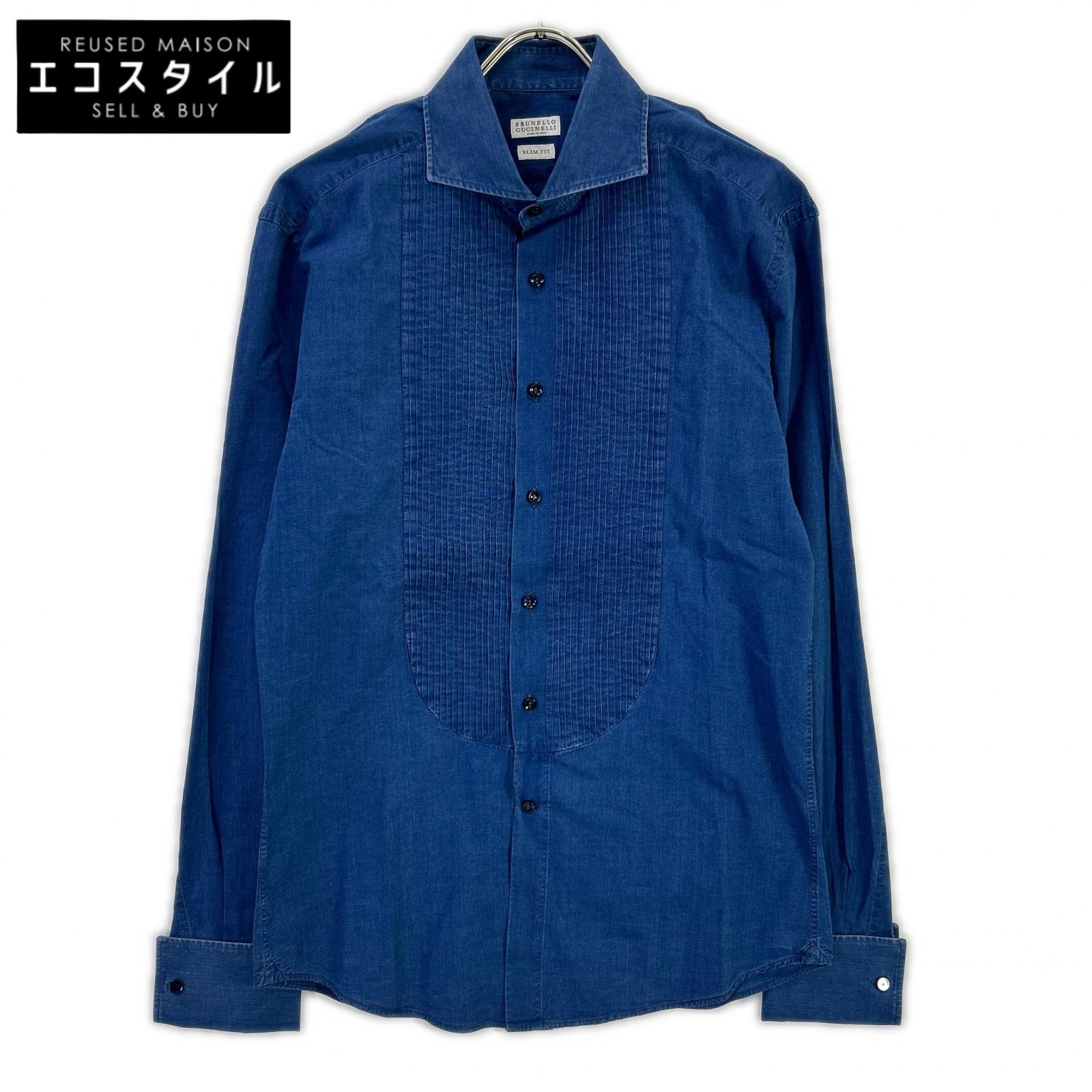 BRUNELLO CUCINELLI ブルネロクチネリ DW9246149 プリーツ ホリゾンタルカラー タキシードデニムシャツ トップス