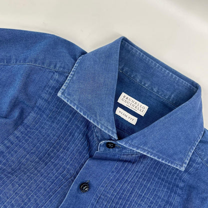 BRUNELLO CUCINELLI ブルネロクチネリ DW9246149 プリーツ ホリゾンタルカラー タキシードデニムシャツ トップス
