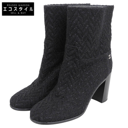 CHANEL シャネル 美品 ツイード ココマーク ショートブーツ シューズ レディース 黒 ブラック 40 G33906 シューズ