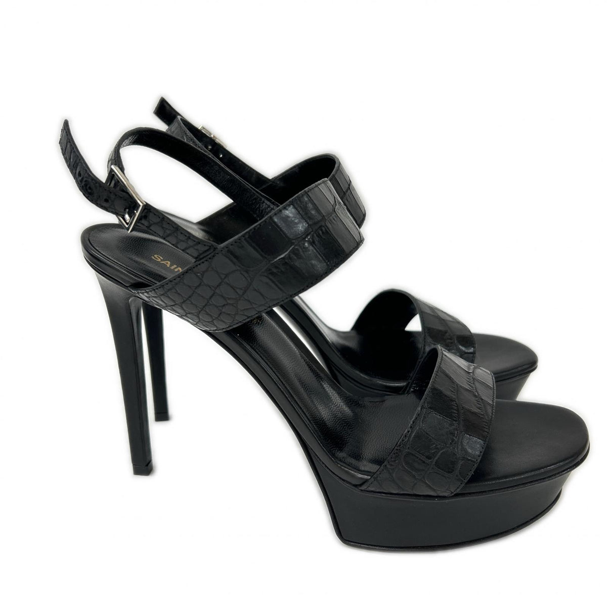 SAINT LAURENT PARIS サンローランパリ 【新品同様】375494 クロコ型押しレザー バックストラップ ヒールサンダル シューズ