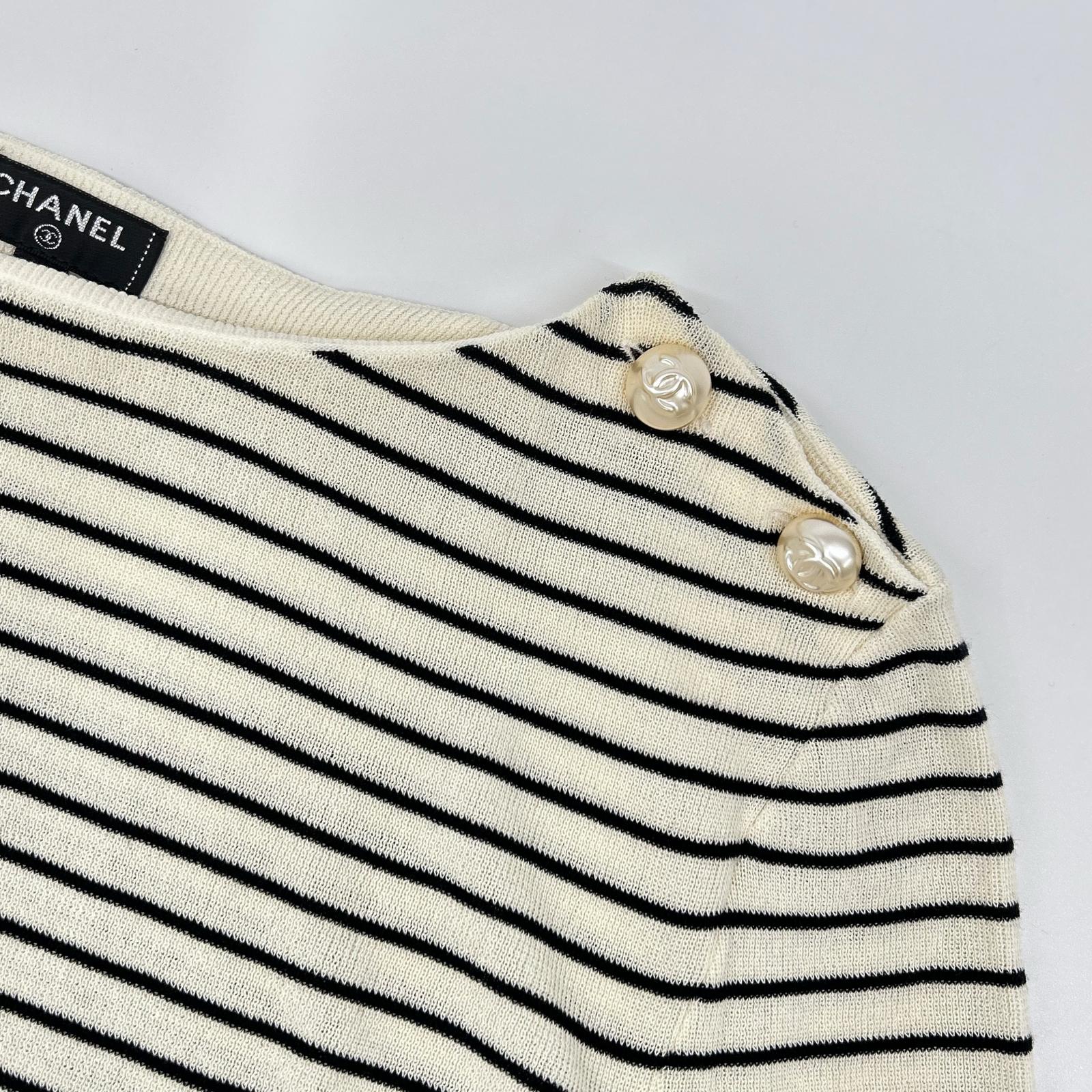 CHANEL シャネル P56071K07346 フェイクパール釦 ボーダー ニット トップス