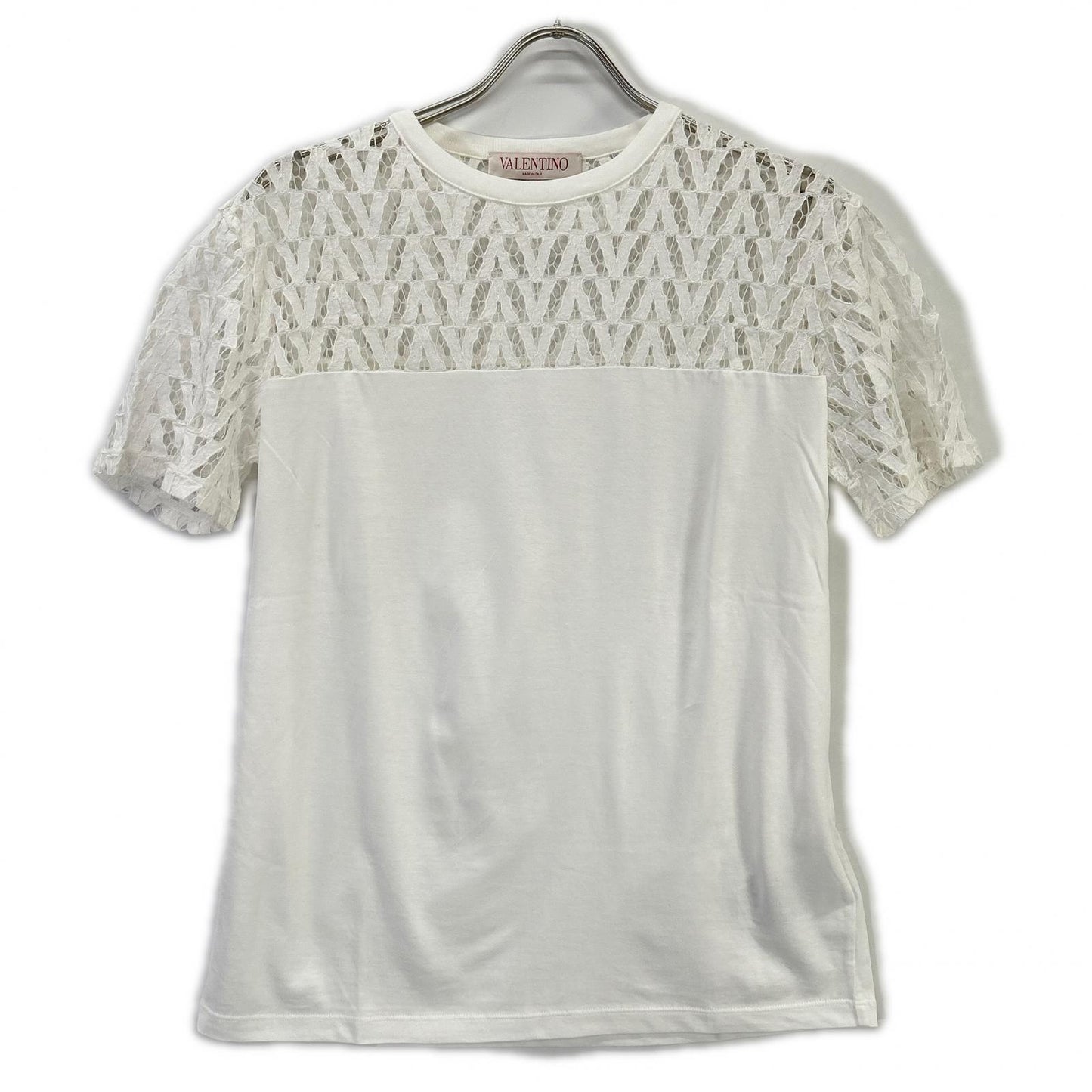VALENTINO ヴァレンティノ XB3MG17A740 ホワイト カットアウト クルーネック Tシャツ トップス