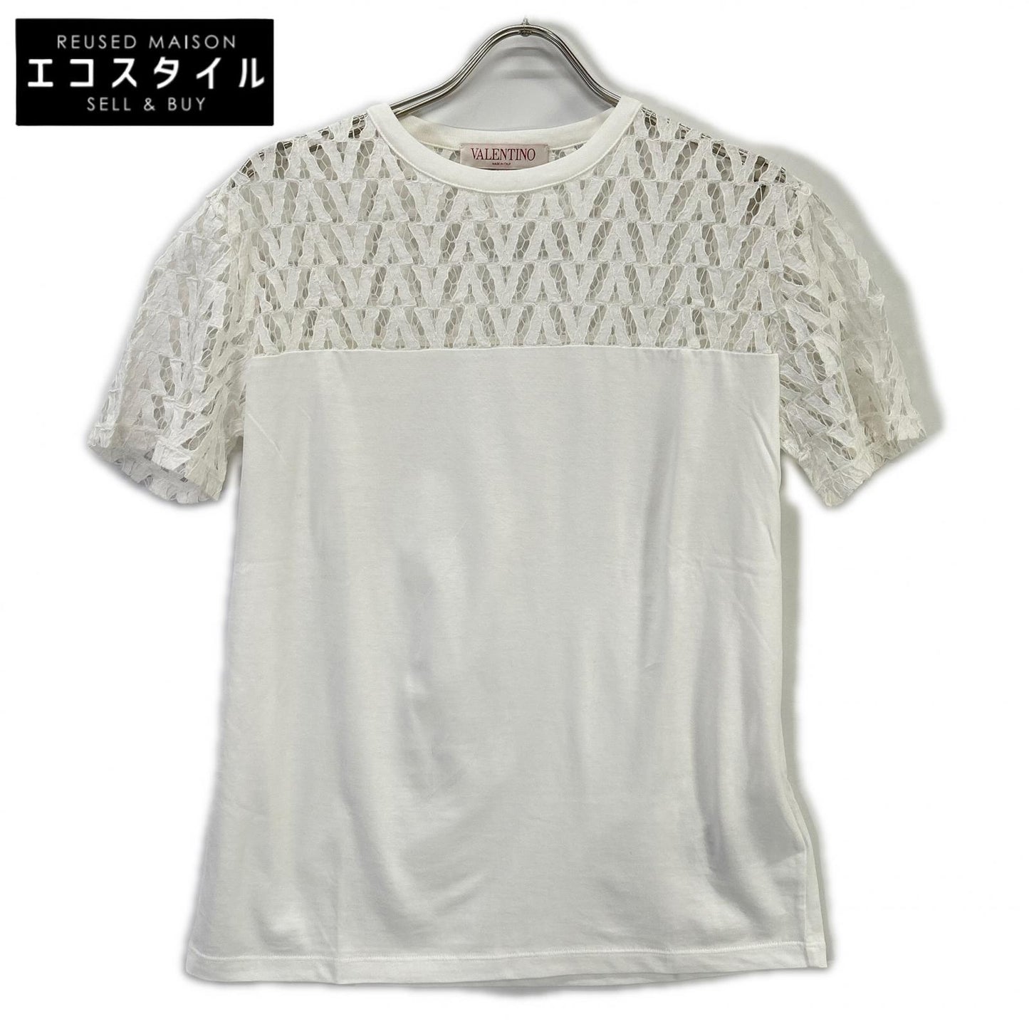 VALENTINO ヴァレンティノ XB3MG17A740 ホワイト カットアウト クルーネック Tシャツ トップス