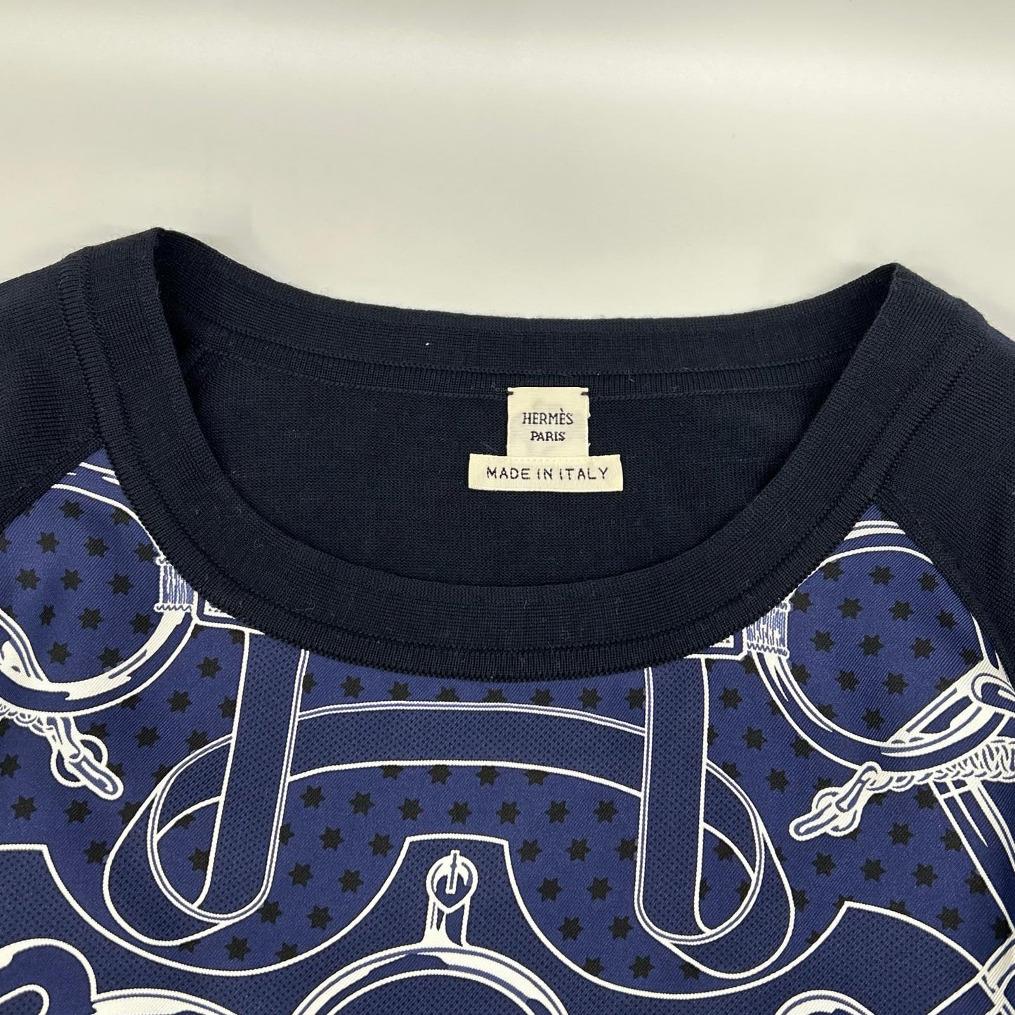 HERMES エルメス ネイビー スカーフ柄 シルク切替 ニット　Eperon d'Or Bandana トップス