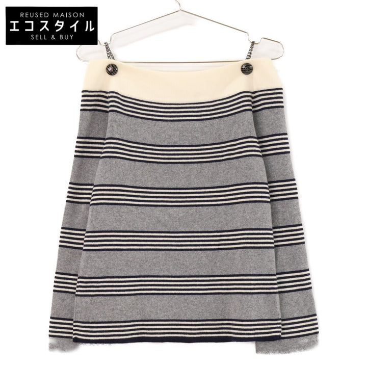 CHANEL シャネル 【国内正規】P37477K02472 ボーダー チェーンココマークボタン カシミヤ100％ ボートネック ニットセーター トップス
