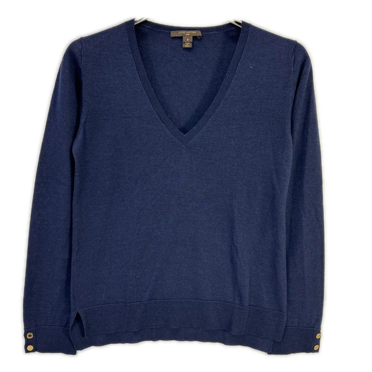 LOUIS VUITTON Louis Vuitton navy gold-button cashmere-blend wool V-neck knit top tops