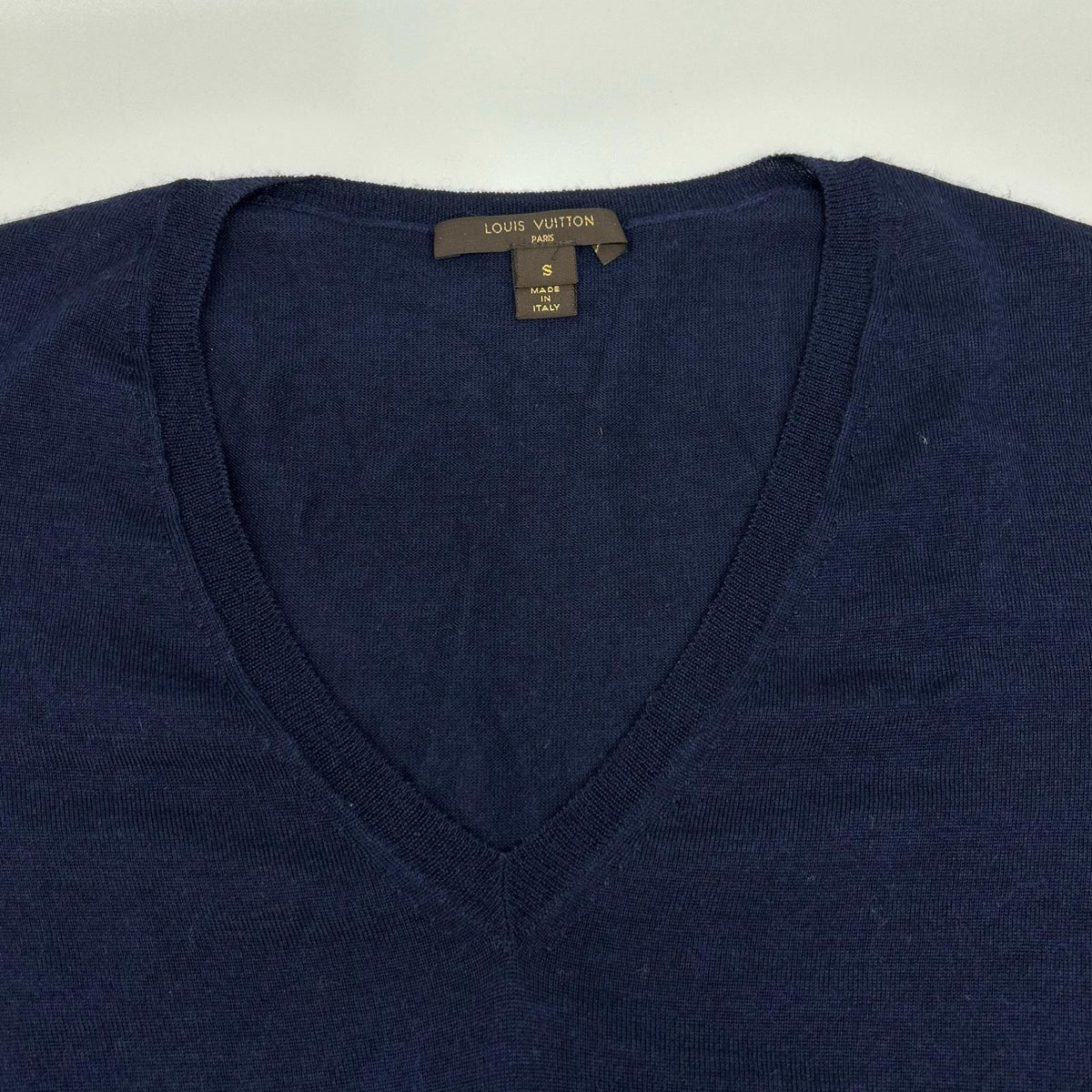 LOUIS VUITTON Louis Vuitton navy gold-button cashmere-blend wool V-neck knit top tops
