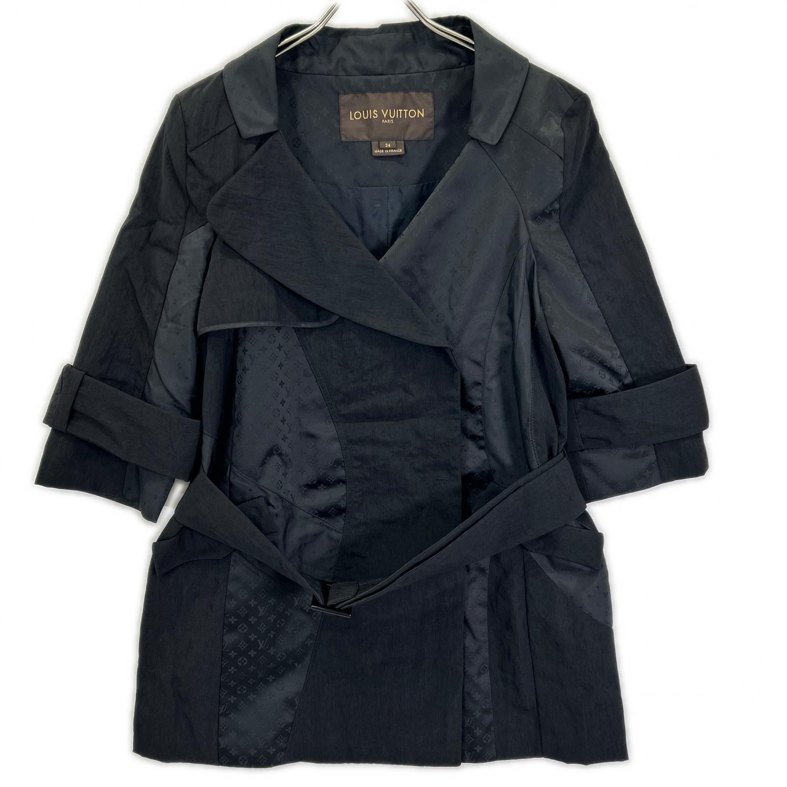 LOUIS VUITTON 2009 Black monogram-pattern belted half trench coat Coat