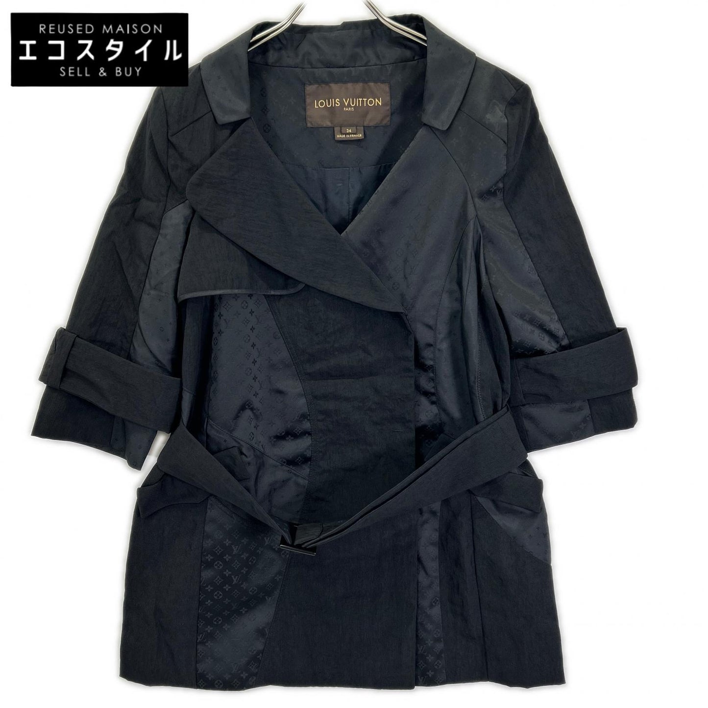 LOUIS VUITTON 2009 Black monogram-pattern belted half trench coat Coat