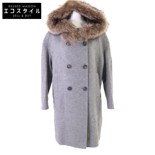 BRUNELLO CUCINELLI ブルネロクチネリ 美品 モニーレ装飾 ファー付き カシミヤ ダブルブレスト フーデッドコート コート