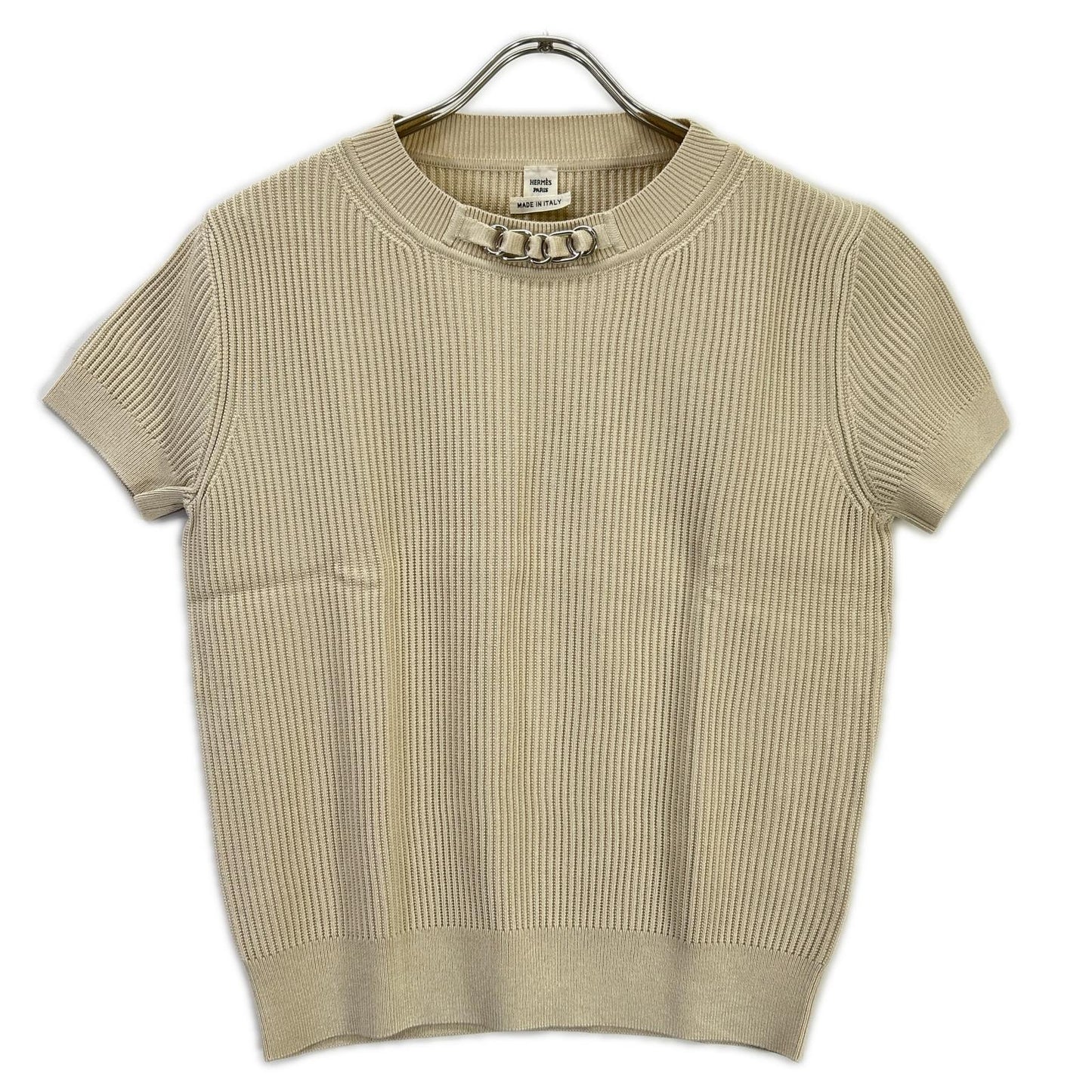 HERMES エルメス 23ss　3E2605D6 チェーン装飾 シルク混 半袖リブニット トップス