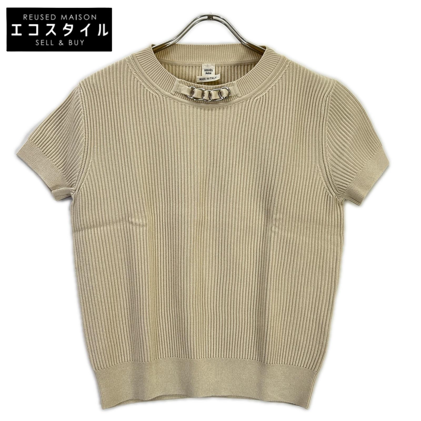 HERMES エルメス 23ss　3E2605D6 チェーン装飾 シルク混 半袖リブニット トップス