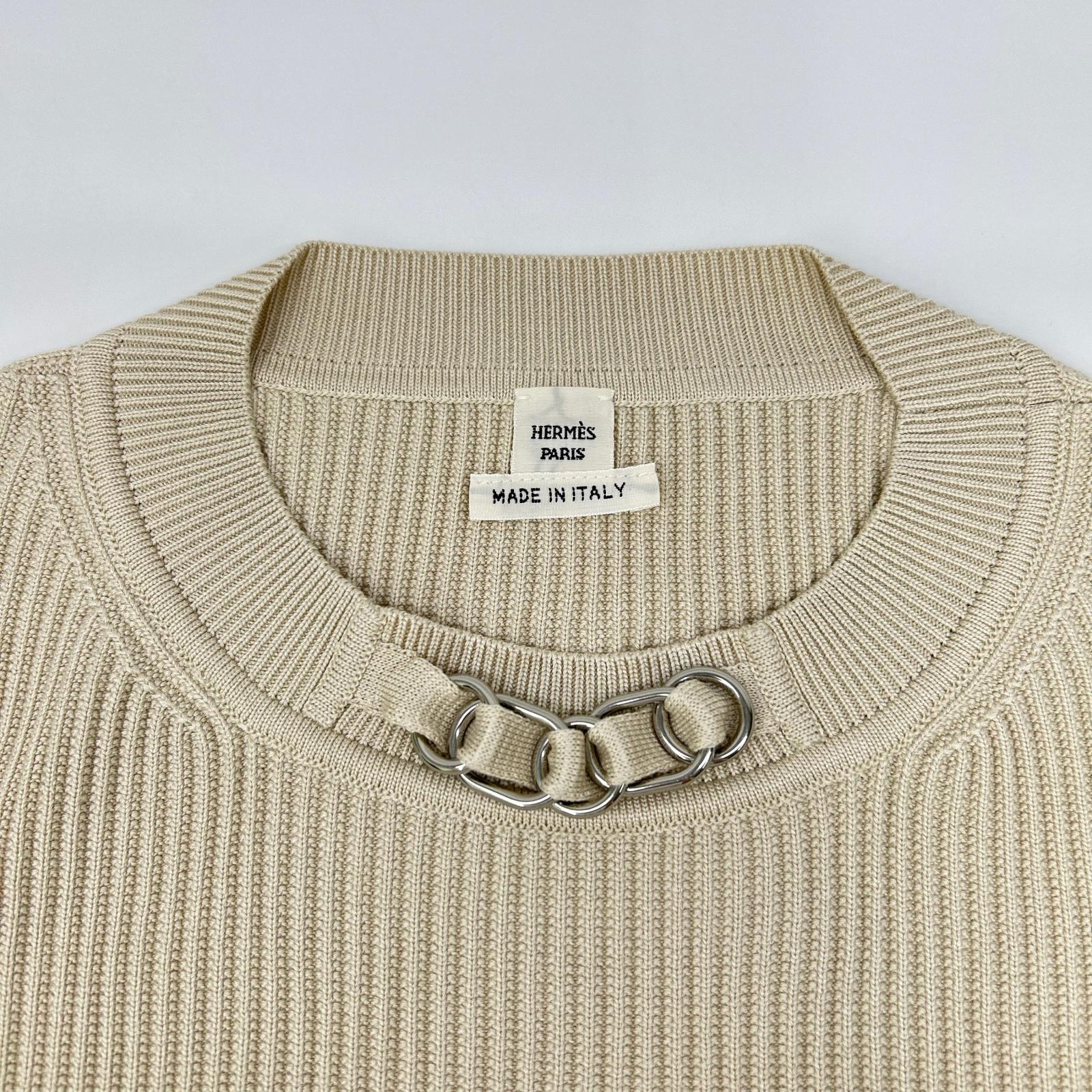 HERMES エルメス 23ss 3E2605D6 Chain-Embellished Silk-Blend Short-Sleeve Ribbed Knit Tops