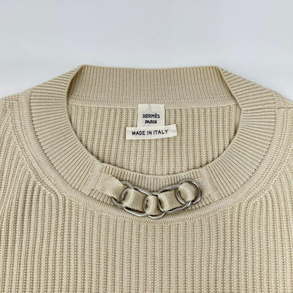 HERMES エルメス 23ss 3E2605D6 Chain-Embellished Silk-Blend Short-Sleeve Ribbed Knit Tops