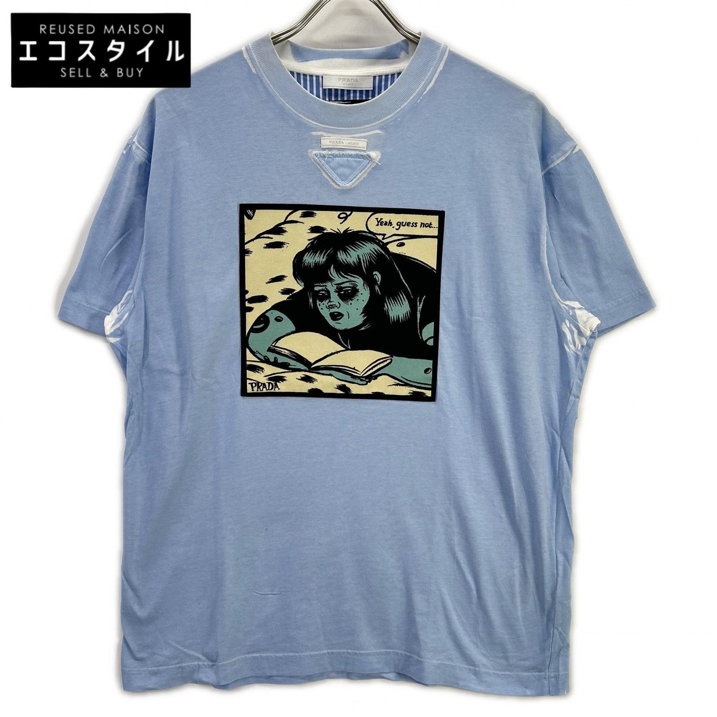 PRADA プラダ UJB489 トライアングルロゴ アメリカンコミックプリント ブルー Tシャツ トップス