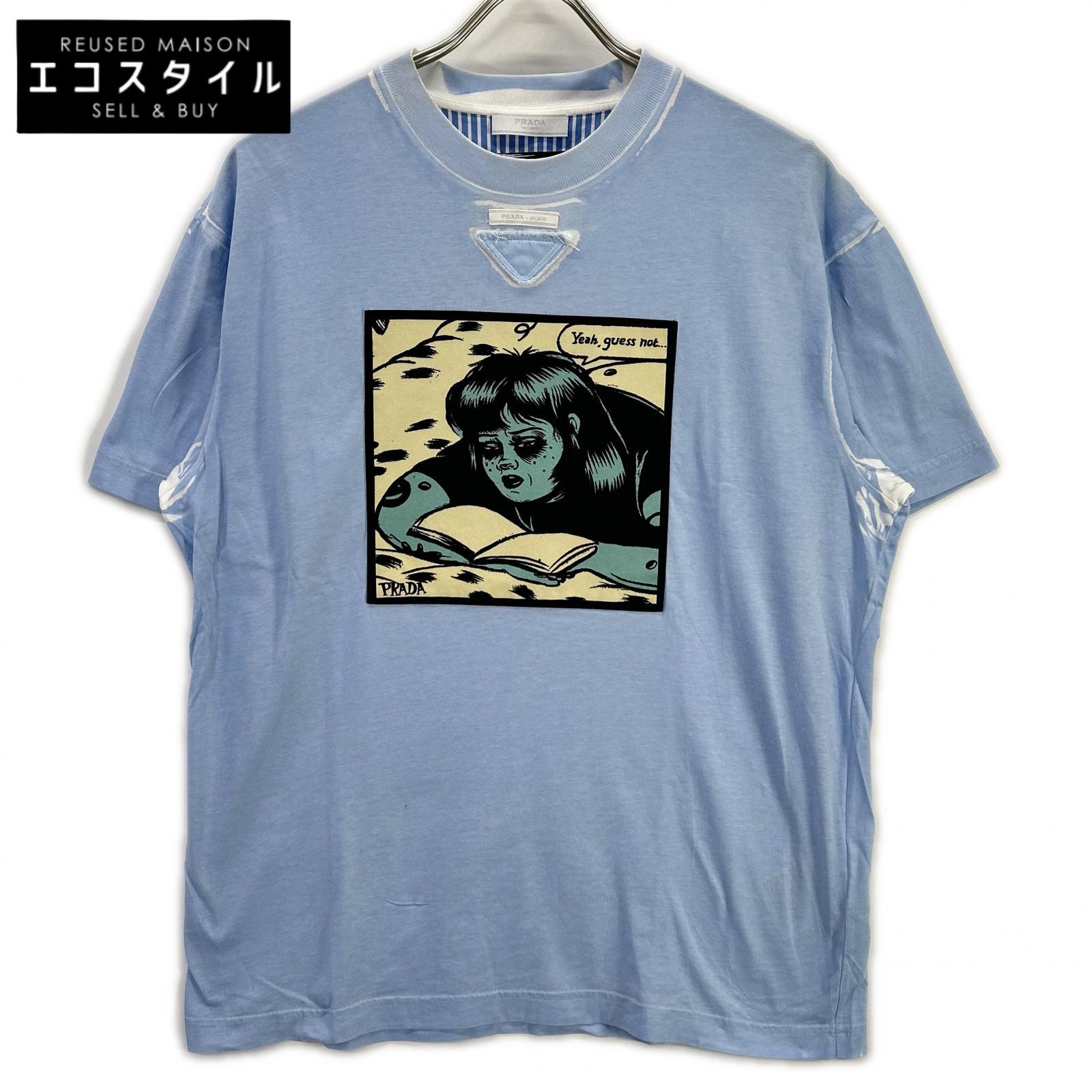 PRADA プラダ UJB489 トライアングルロゴ アメリカンコミックプリント ブルー Tシャツ トップス