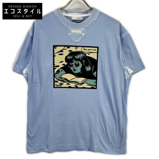 PRADA UJB489 Triangle Logo American Comic Print Blue T-Shirt Top