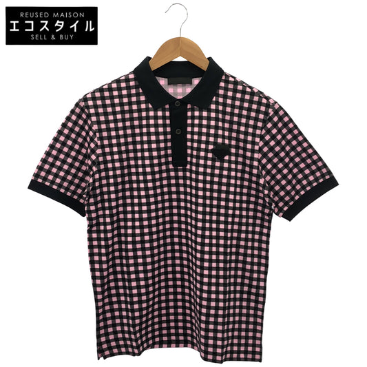 PRADA プラダ UJM730 Pink Gingham Check Triangle Logo Polo Shirt Tops