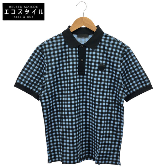 PRADA プラダ UJM730 Blue Gingham Check Triangle Logo Polo Shirt Tops