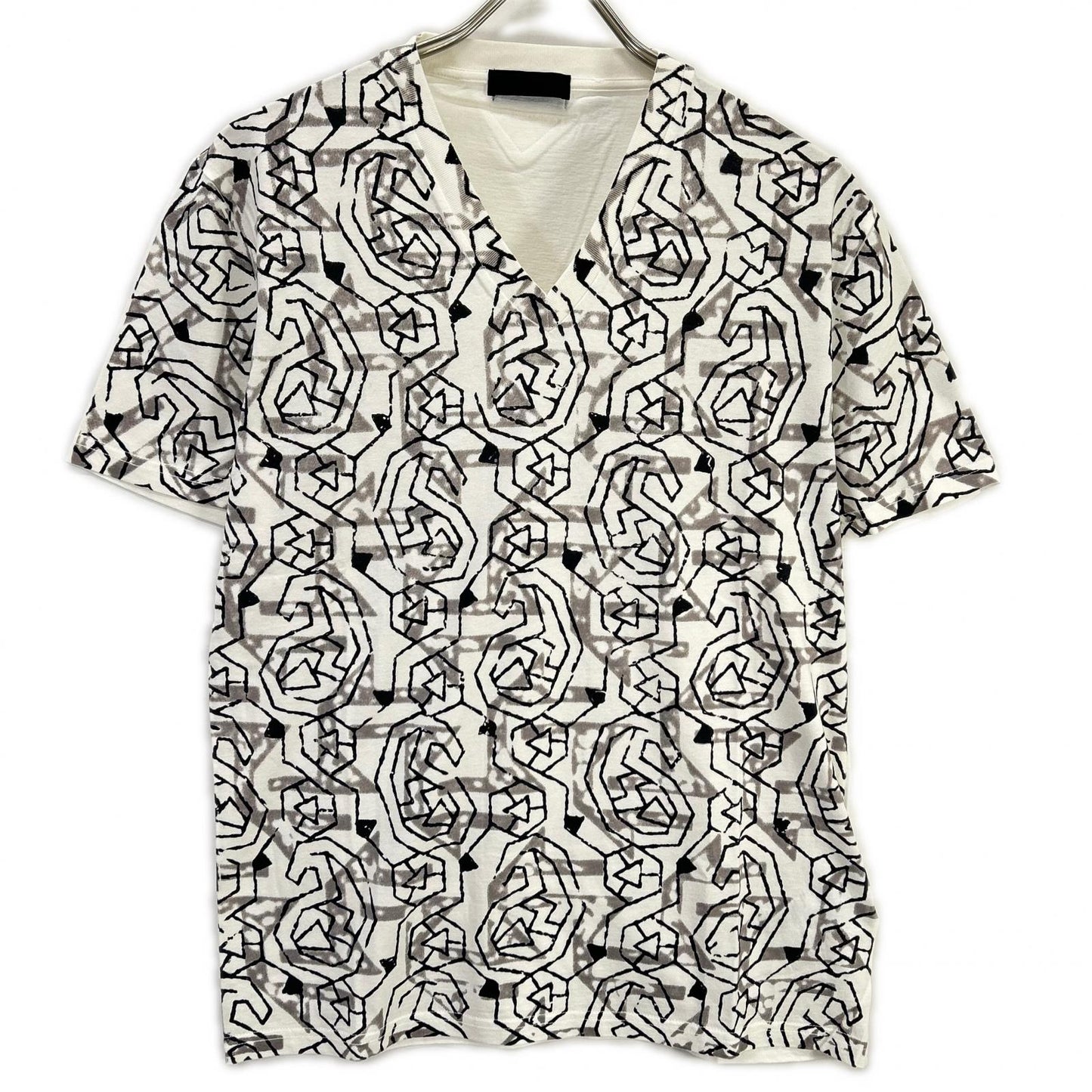 PRADA プラダ UJM492 ホワイト 総柄 トライアングルロゴ VネックTシャツ トップス