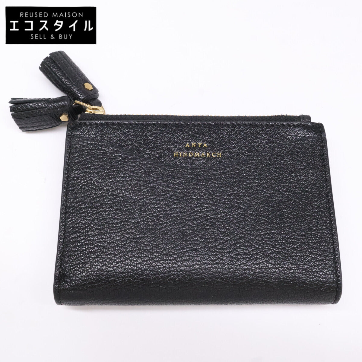 Anya Hindmarch アニヤ ハインドマーチ 【美品】5050925192279 Peeping Eyes スモール ダブルジップ ウォレット Shiny Capra in Black 二つ折り財布（小銭入れあり）