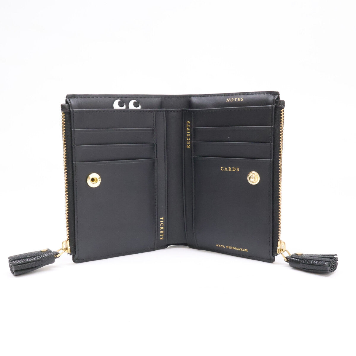 Anya Hindmarch アニヤ ハインドマーチ 【美品】5050925192279 Peeping Eyes スモール ダブルジップ ウォレット Shiny Capra in Black 二つ折り財布（小銭入れあり）