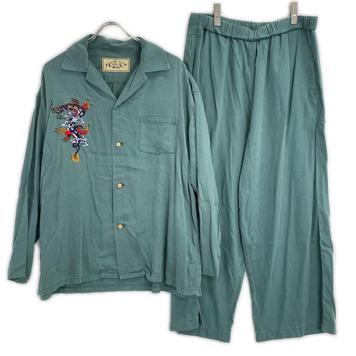 Tsuru-sha dragon-embroidered green set-up pajama suit set-up