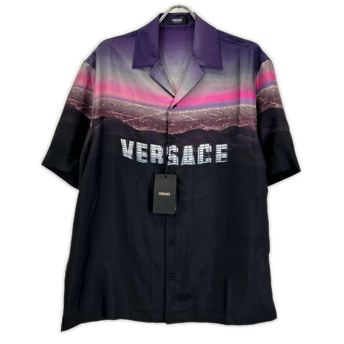 VERSACE ヴェルサーチェ 1003926 1A08752 ロゴプリント シルク オープンカラーシャツ トップス