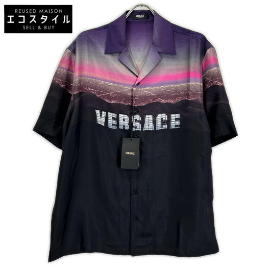 VERSACE ヴェルサーチェ 1003926 1A08752 ロゴプリント シルク オープンカラーシャツ トップス