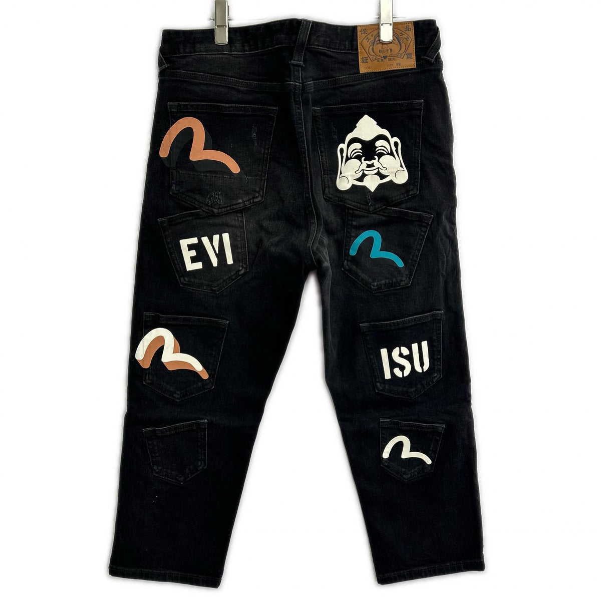 EVISU エヴィス ブラック マルチポケット マルチペイント クロップドジーンズ ボトムス
