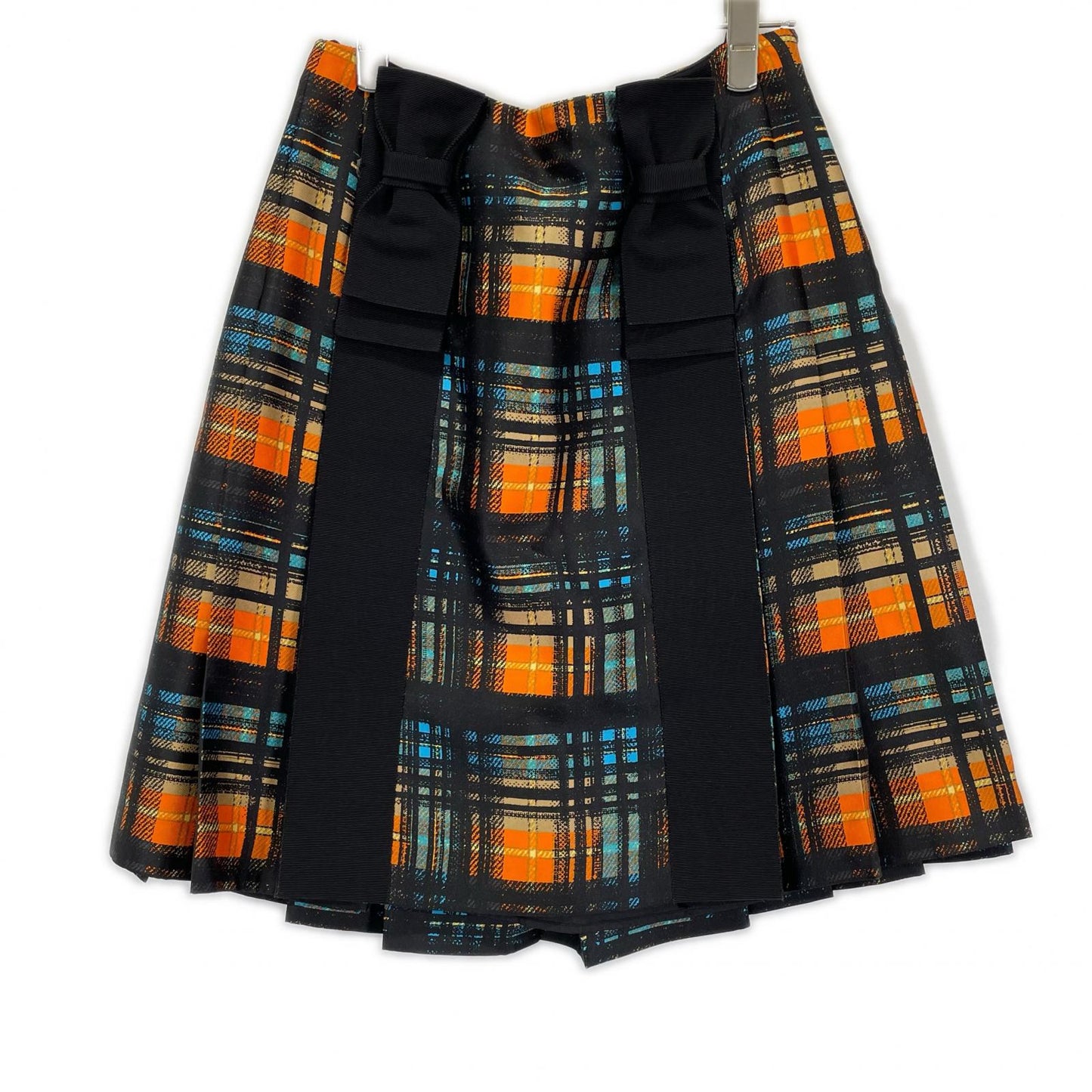 PRADA プラダ 15SS P112GH オレンジ系チェック ウエストベルト リボン プリーツスカート スカート