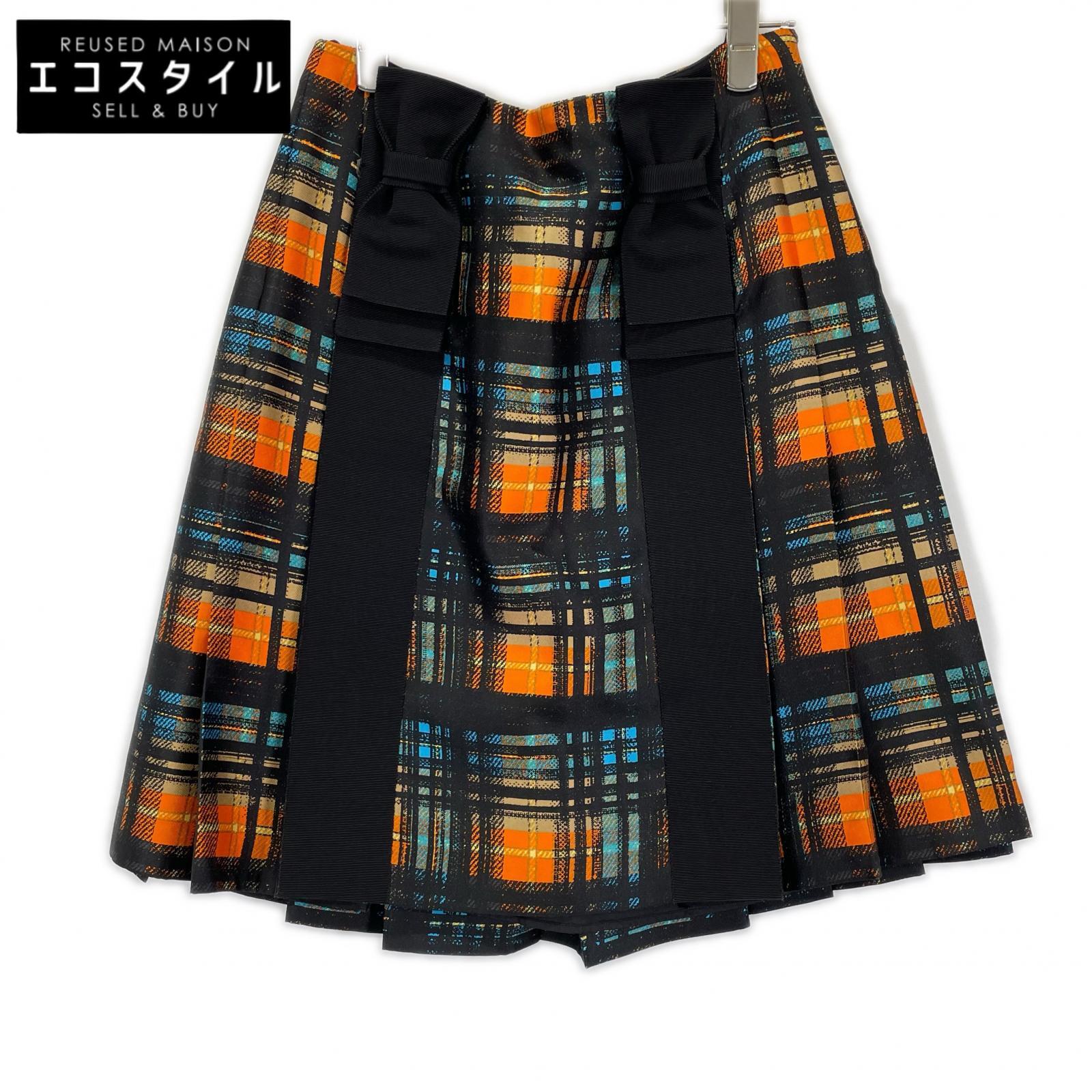 PRADA プラダ 15SS P112GH オレンジ系チェック ウエストベルト リボン プリーツスカート スカート