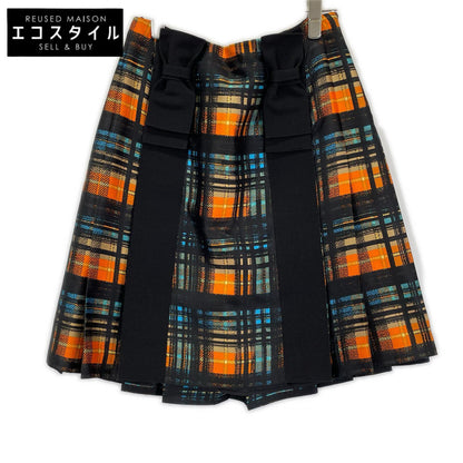 PRADA プラダ 15SS P112GH オレンジ系チェック ウエストベルト リボン プリーツスカート スカート