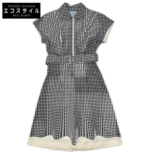 PRADA プラダ 230546 シルク ギンガムチェック ウエストリボン ハーフジップ ワンピース ワンピース