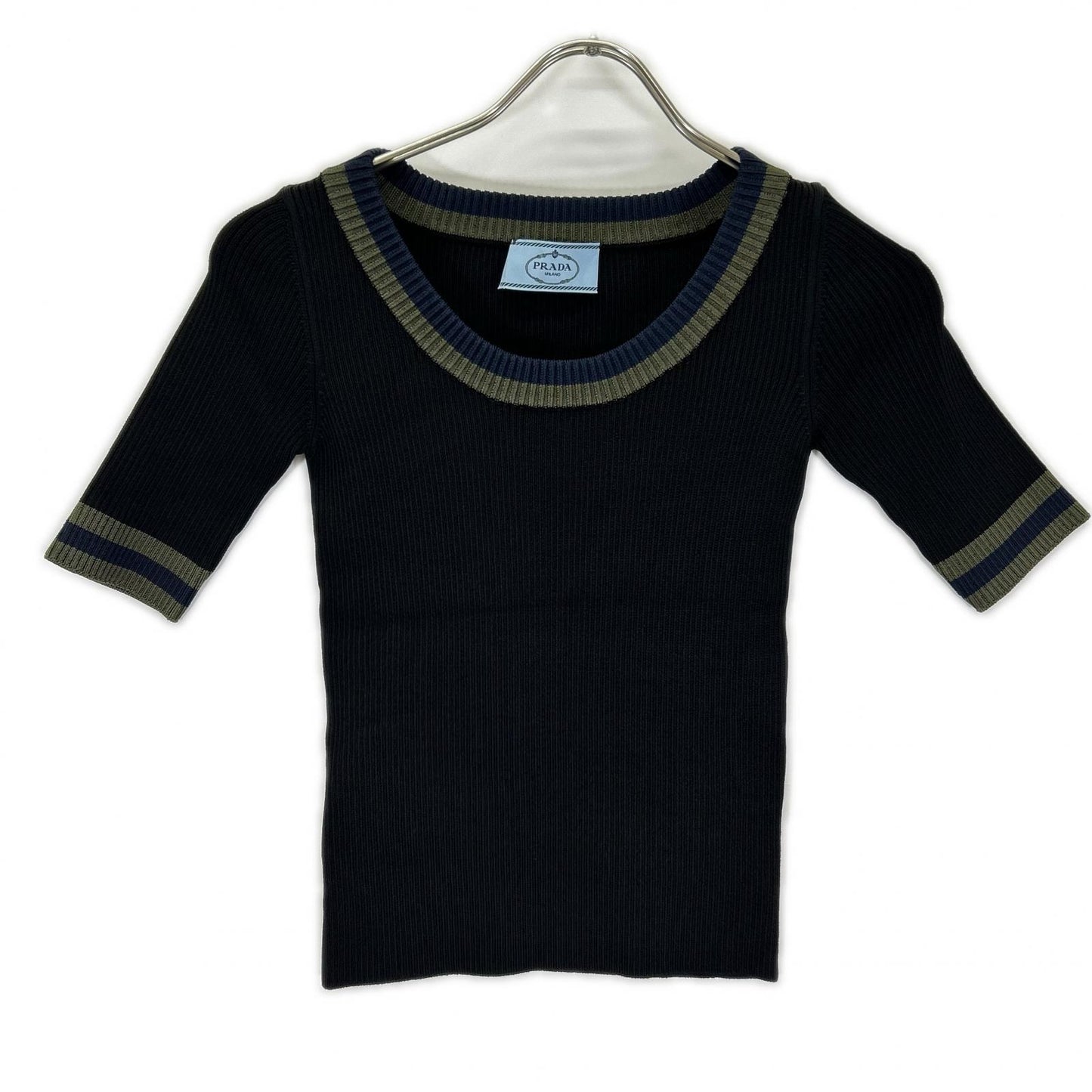 PRADA プラダ P24P49 ブラック グリーン×ネイビーライン リブニット トップス