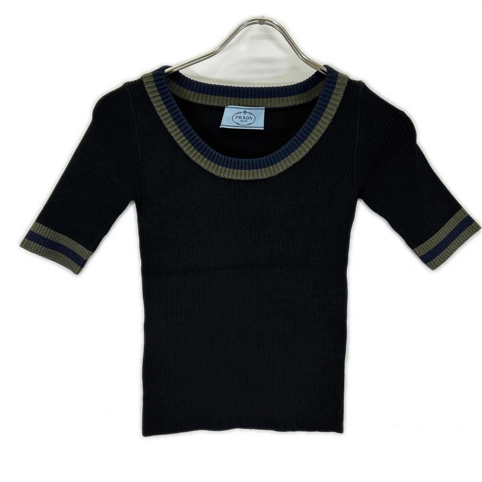 PRADA プラダ P24P49 ブラック グリーン×ネイビーライン リブニット トップス