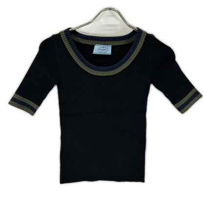 PRADA プラダ P24P49 ブラック グリーン×ネイビーライン リブニット トップス