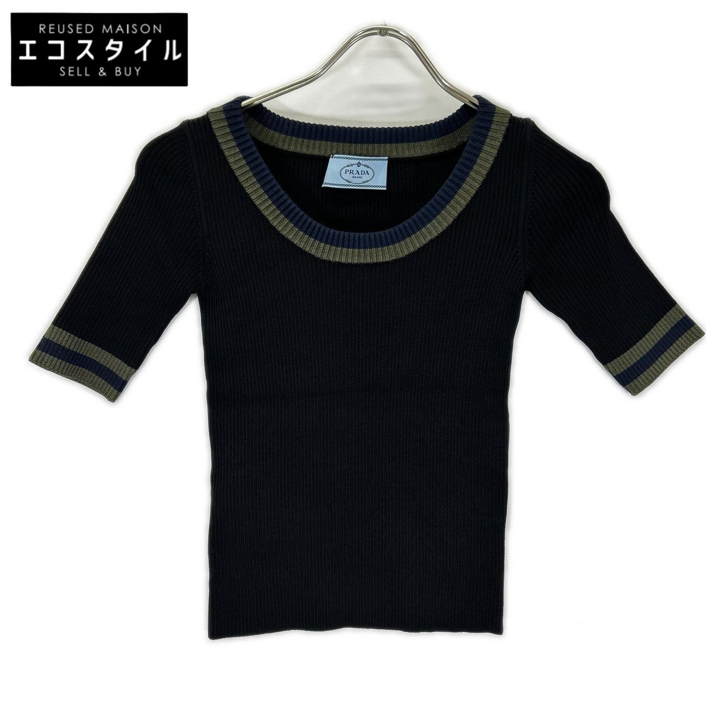 PRADA プラダ P24P49 ブラック グリーン×ネイビーライン リブニット トップス