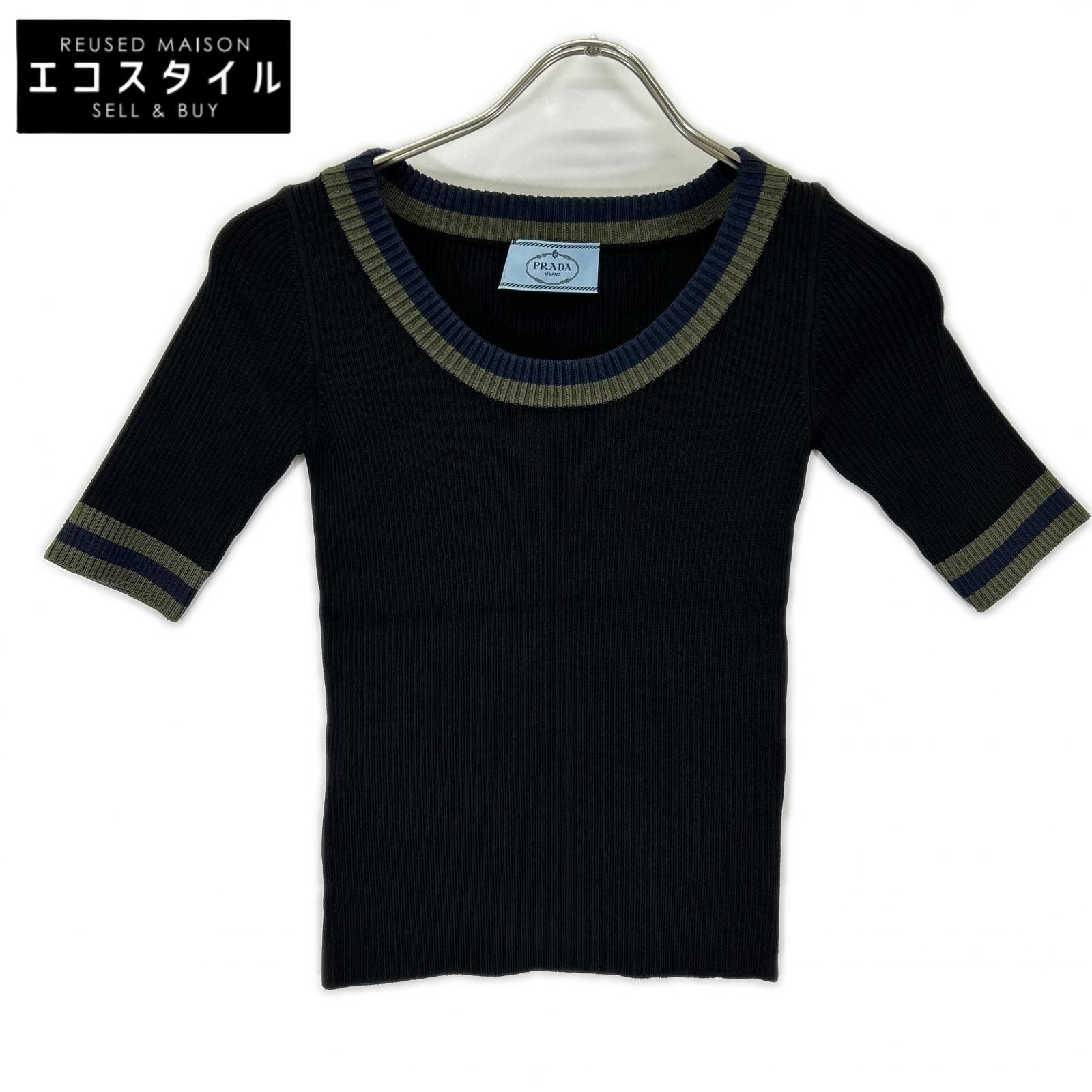 PRADA プラダ P24P49 ブラック グリーン×ネイビーライン リブニット トップス