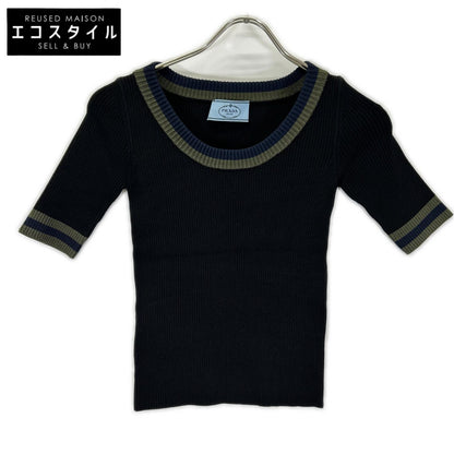PRADA プラダ P24P49 ブラック グリーン×ネイビーライン リブニット トップス