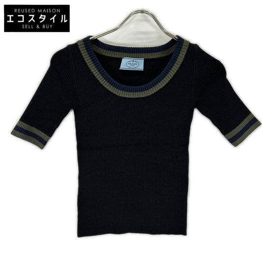 PRADA プラダ P24P49 ブラック グリーン×ネイビーライン リブニット トップス