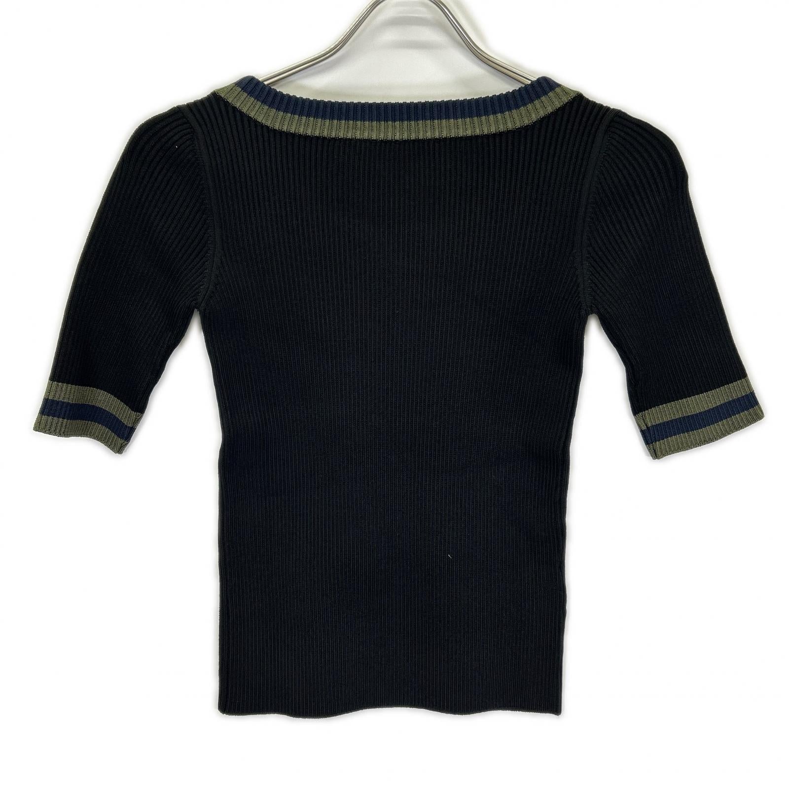PRADA プラダ P24P49 ブラック グリーン×ネイビーライン リブニット トップス