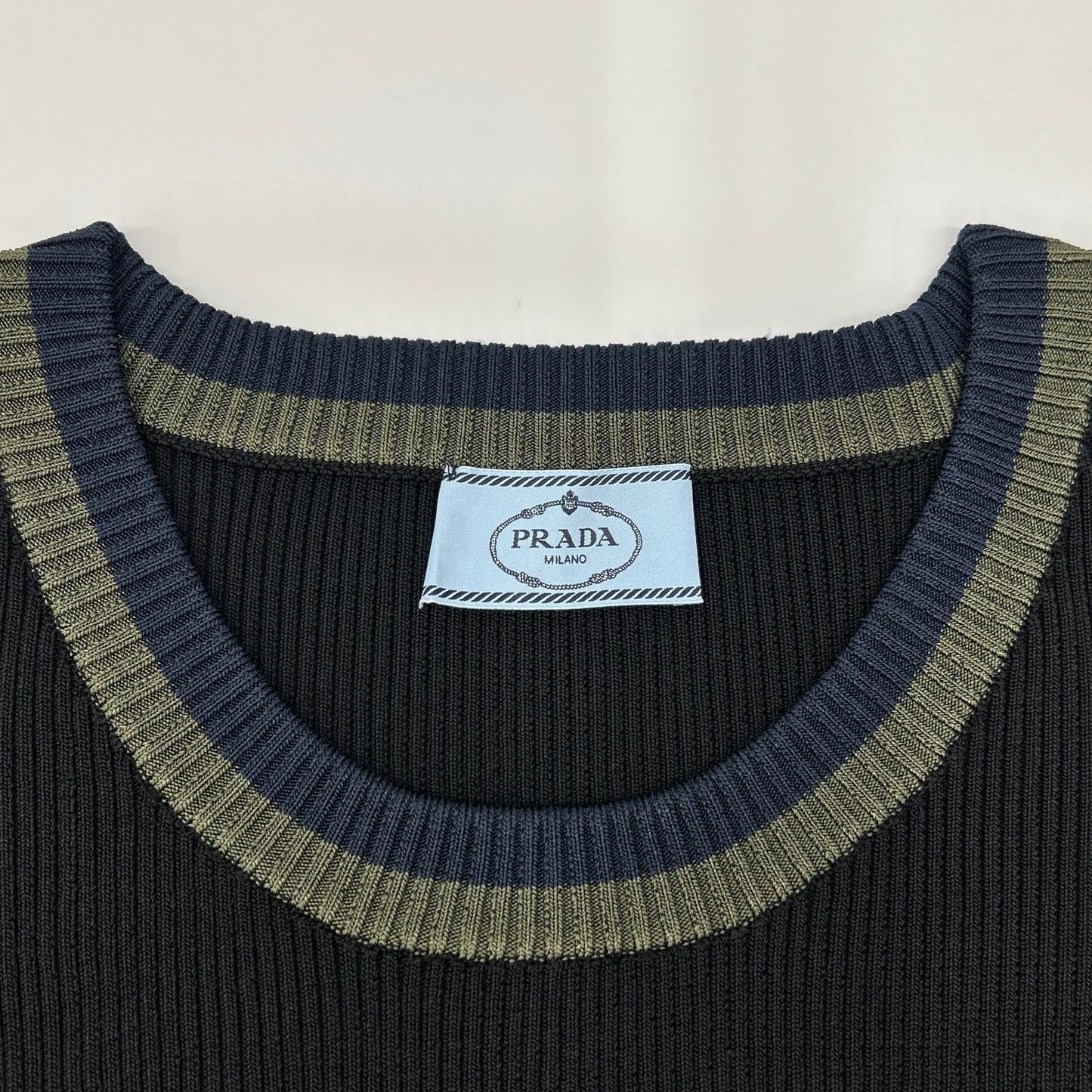 PRADA プラダ P24P49 ブラック グリーン×ネイビーライン リブニット トップス