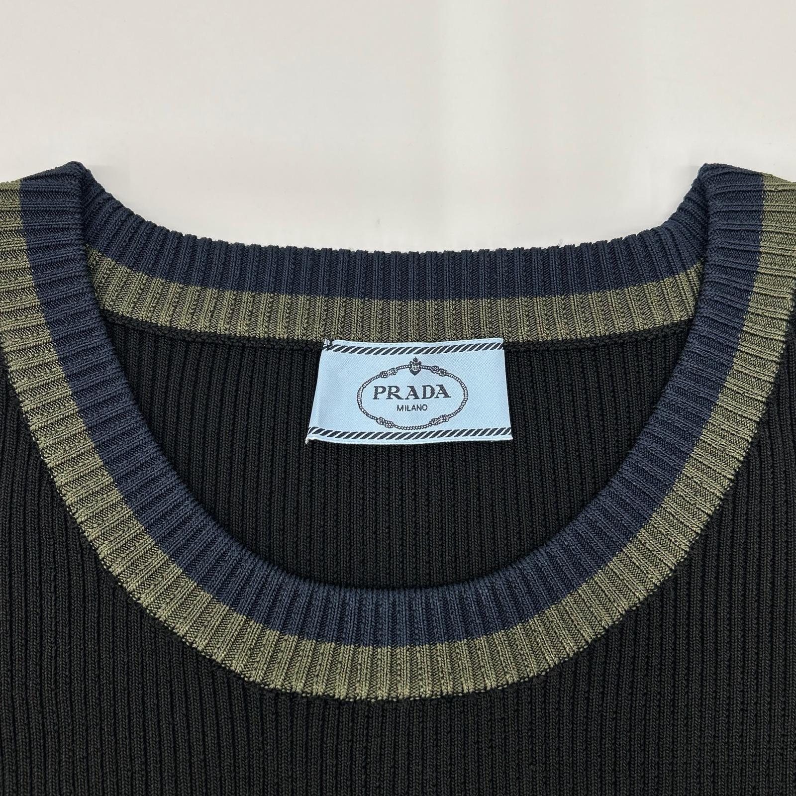 PRADA プラダ P24P49 ブラック グリーン×ネイビーライン リブニット トップス