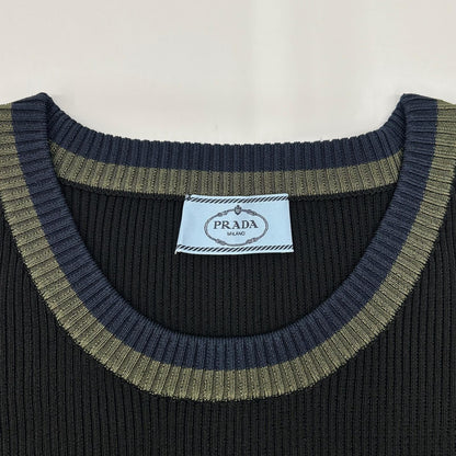 PRADA プラダ P24P49 ブラック グリーン×ネイビーライン リブニット トップス